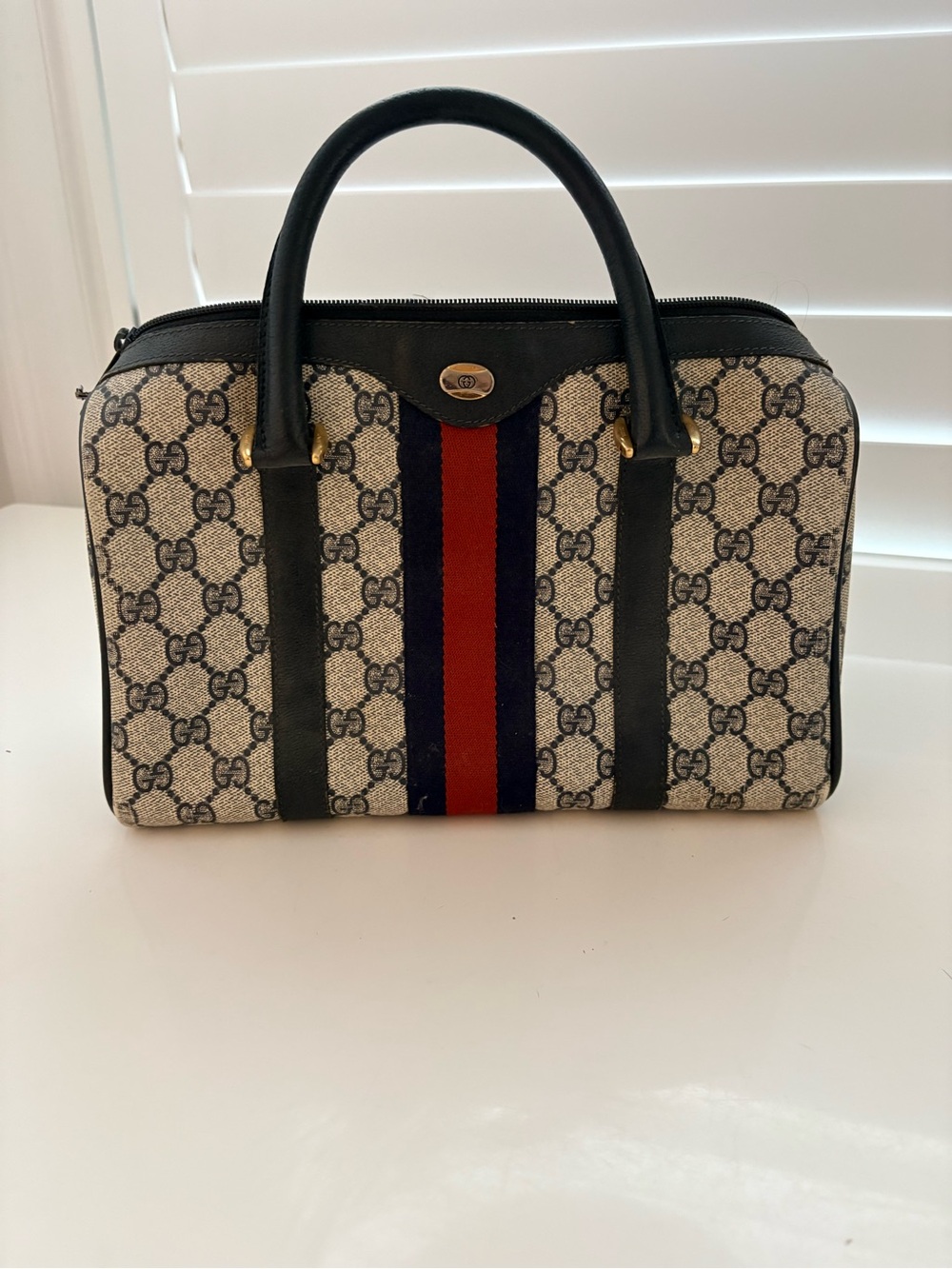 Gucci Beige GG Canvas Satchel with Blue and Red Web Stripe